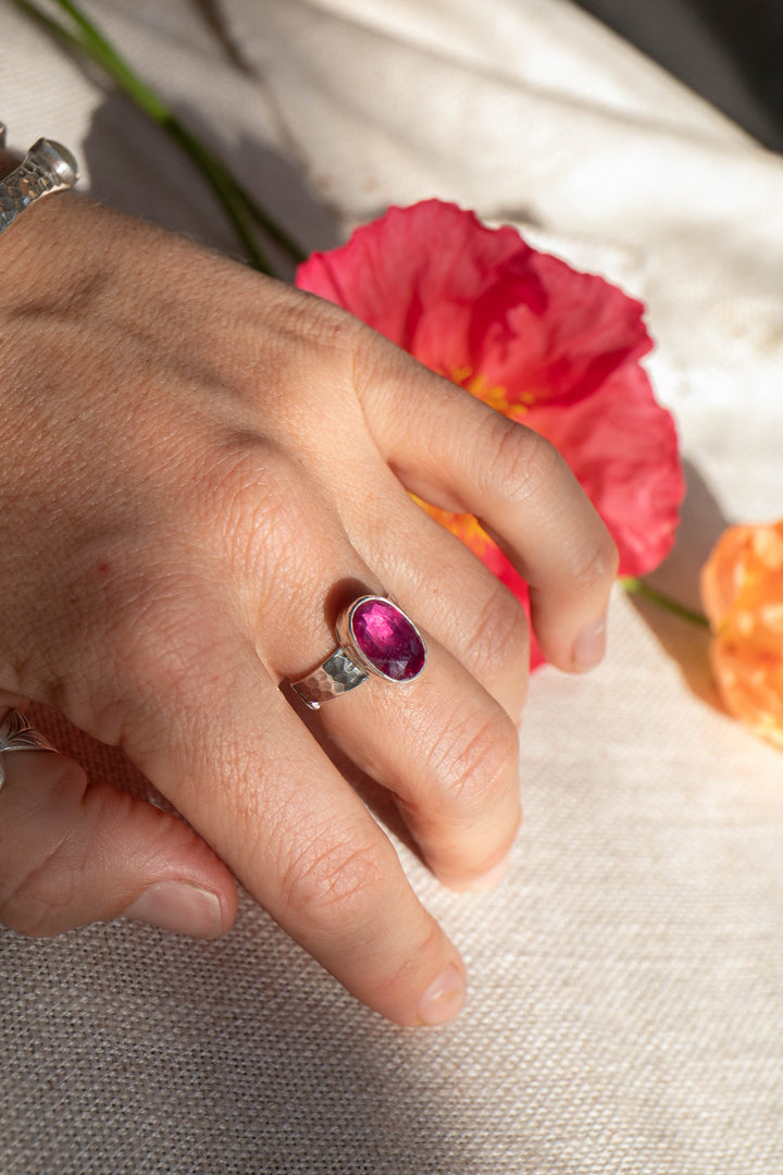 Faceted Pink Sapphire Ring in Adjustable Beaten Sterling Silver