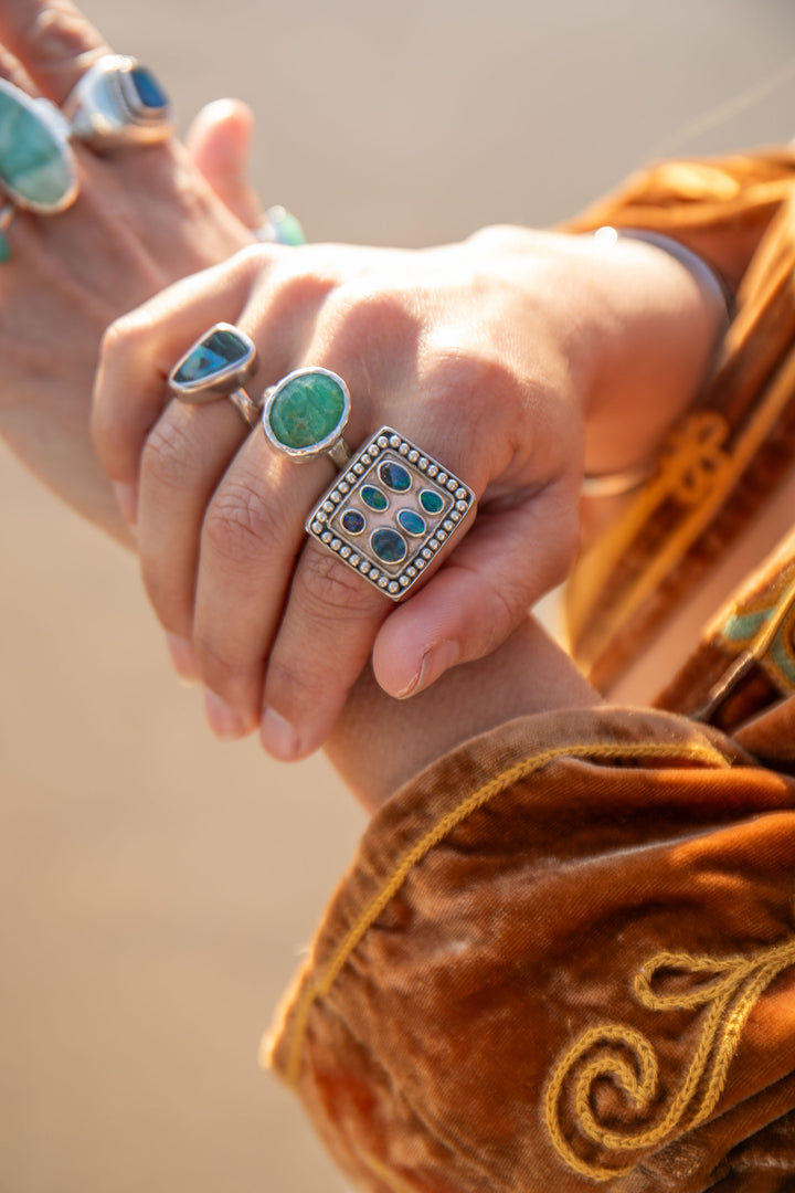 Australian Multi Blue Opal Ring set in Sterling Silver Band - Size 11 US