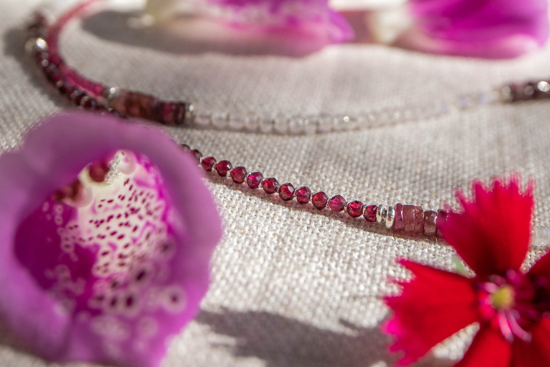 Pink Sapphire, Pink Tourmaline, Ruby and Rainbow Moonstone Tulip Necklace