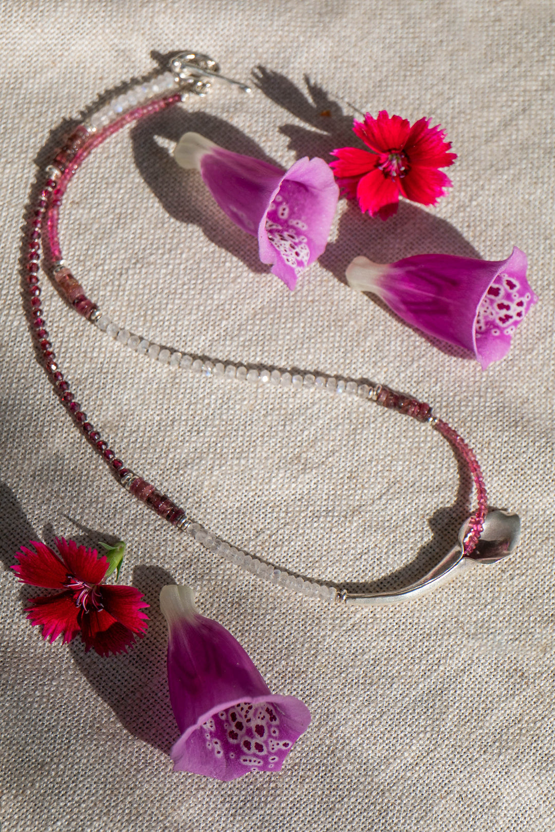 Pink Sapphire, Pink Tourmaline, Ruby and Rainbow Moonstone Tulip Necklace