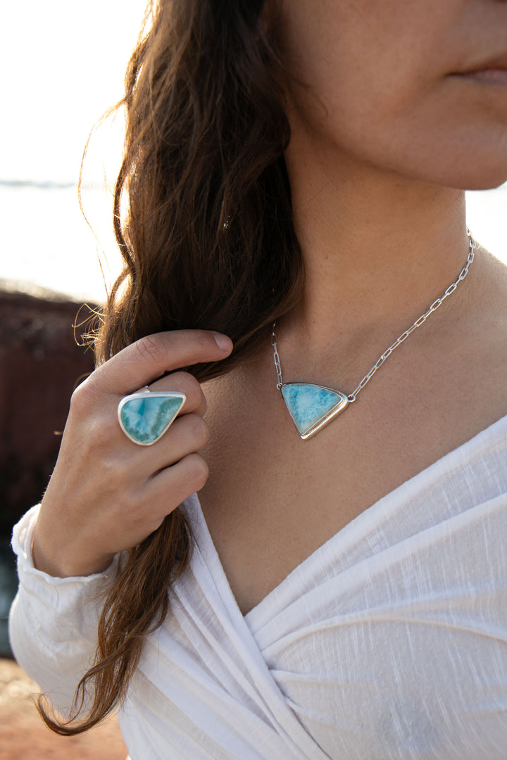 Larimar Pendant in Unique Bezel Setting on Sterling Silver Paperclip Chain