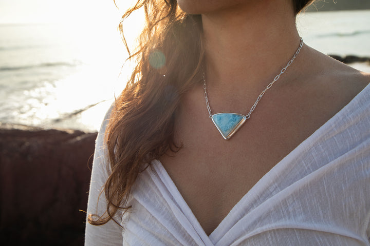 Larimar Pendant in Unique Bezel Setting on Sterling Silver Paperclip Chain