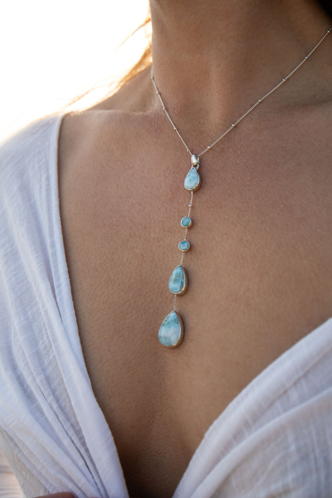 Delicate Larimar Drop Necklace on Silver Chain