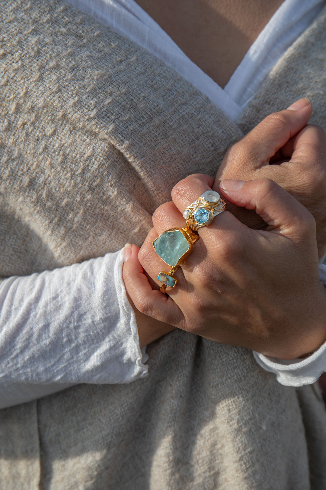 Raw Aquamarine Ring in Beaten 14k Gold Plated Sterling Silver with Adjustable Band