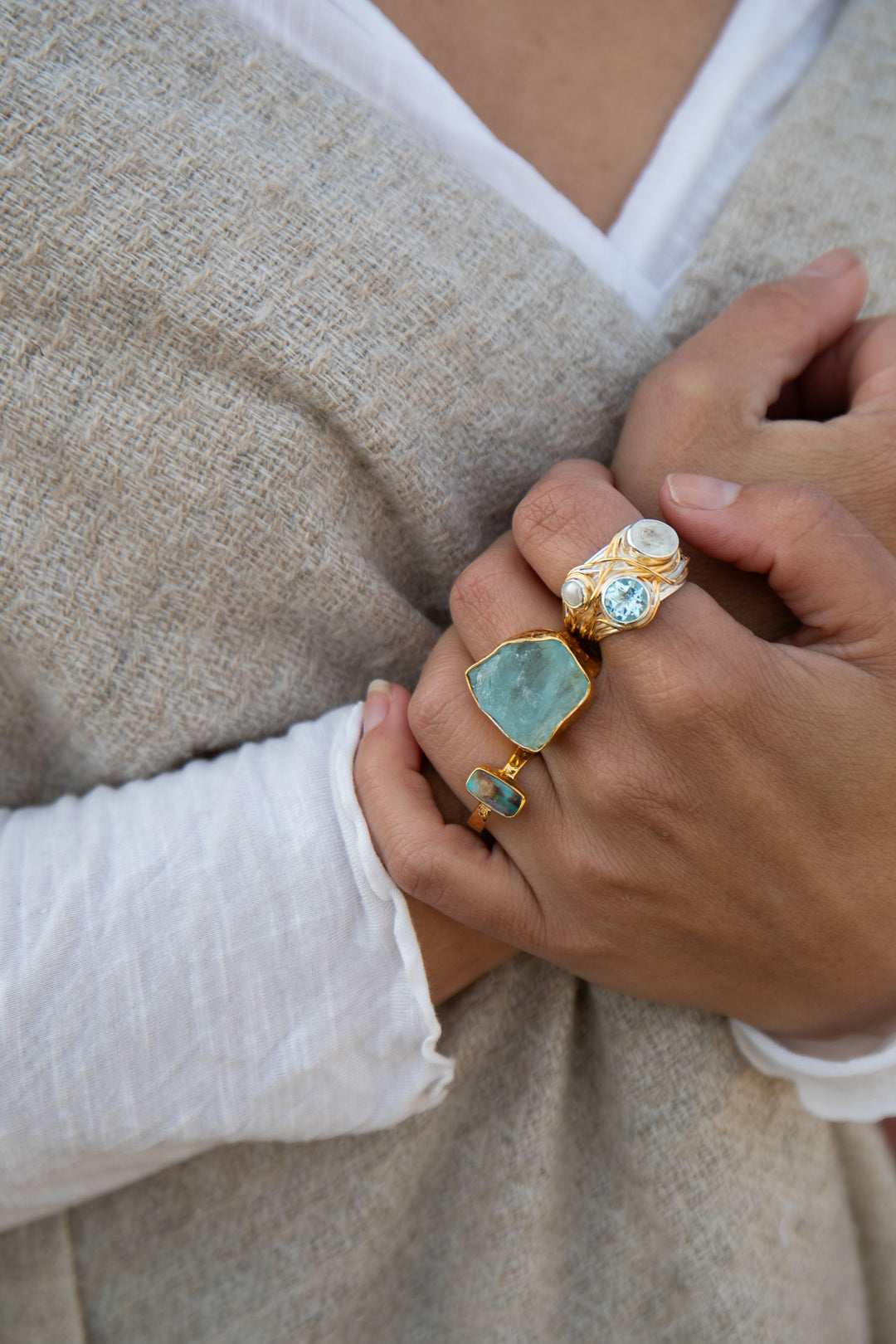 Raw Aquamarine Ring in Beaten 14k Gold Plated Sterling Silver with Adjustable Band