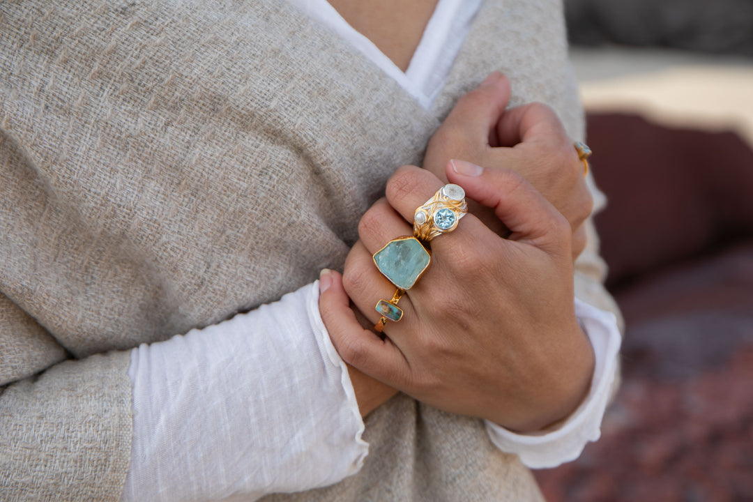 Australian Opal Ring set in Beaten Gold Plated Sterling Silver Band - Size 7.5 US