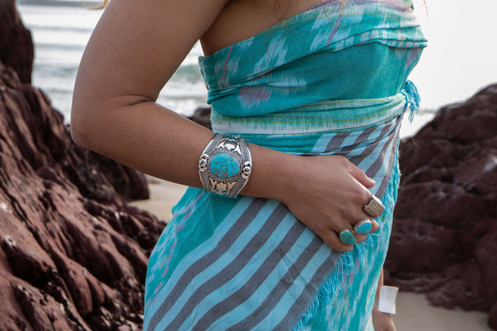 Genuine Arizona Turquoise Cuff Bangle in Tribal Sterling Silver Setting