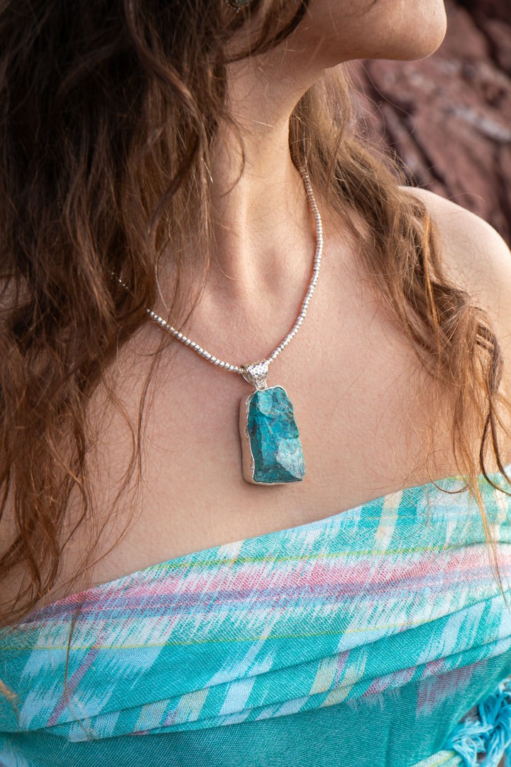 Raw Chrysocolla Pendant in Beaten Sterling Silver