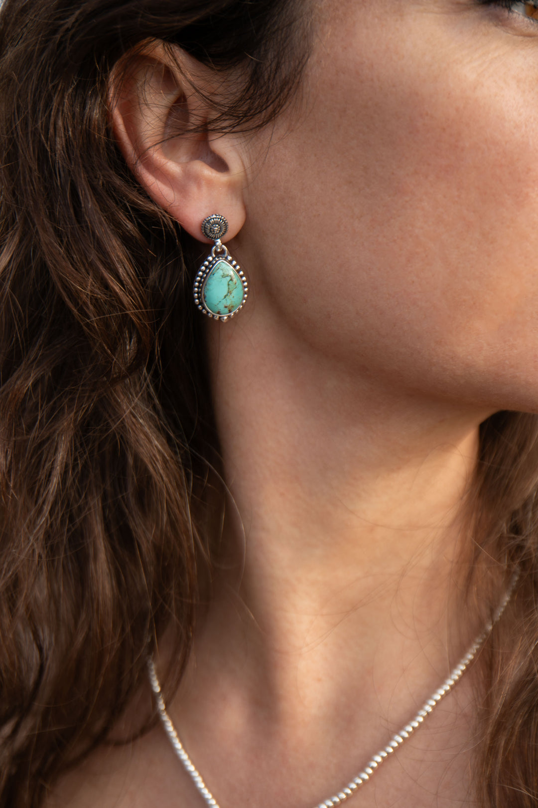 Genuine Turquoise Dangle Stud Earrings set in Sterling Silver