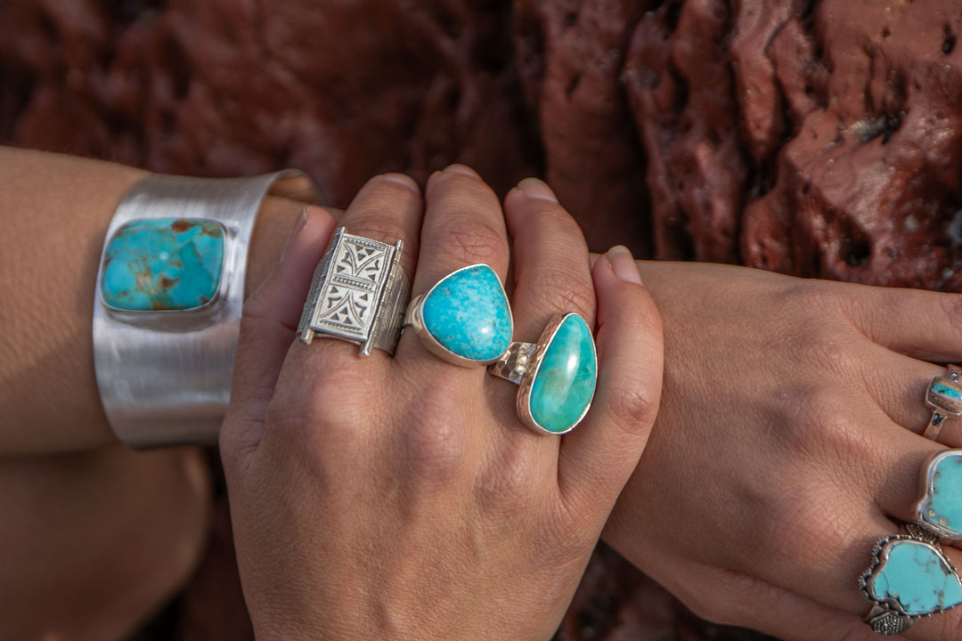 Arizona Turquoise Teadrop Ring in Beaten Sterling Silver