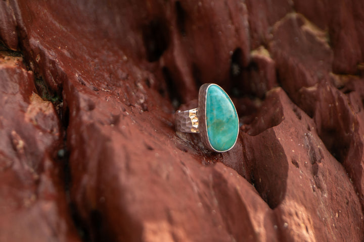 Arizona Turquoise Teadrop Ring in Beaten Sterling Silver