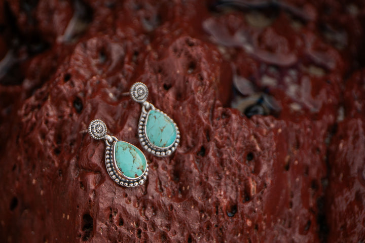 Genuine Turquoise Dangle Stud Earrings set in Sterling Silver