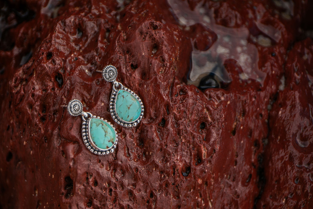 Genuine Turquoise Dangle Stud Earrings set in Sterling Silver