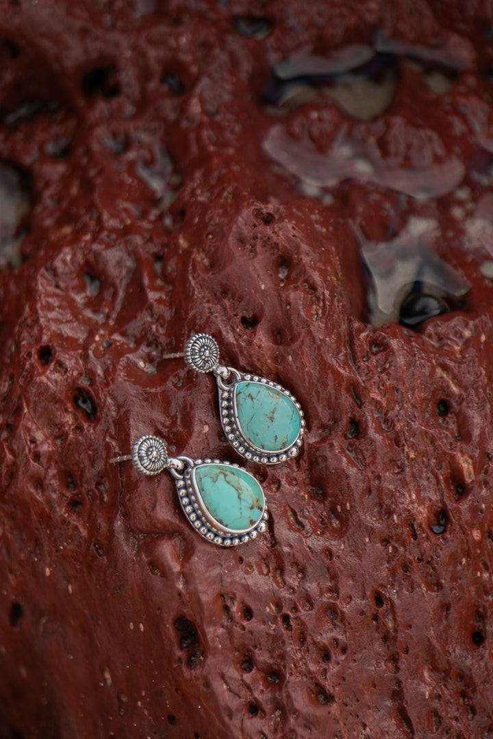 Genuine Turquoise Dangle Stud Earrings set in Sterling Silver