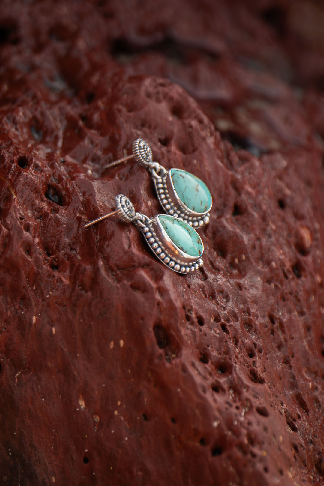 Genuine Turquoise Dangle Stud Earrings set in Sterling Silver