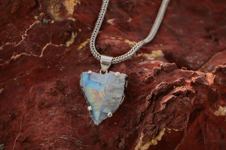 Raw Rainbow Moonstone Pendant in Sterling Silver Claw Setting