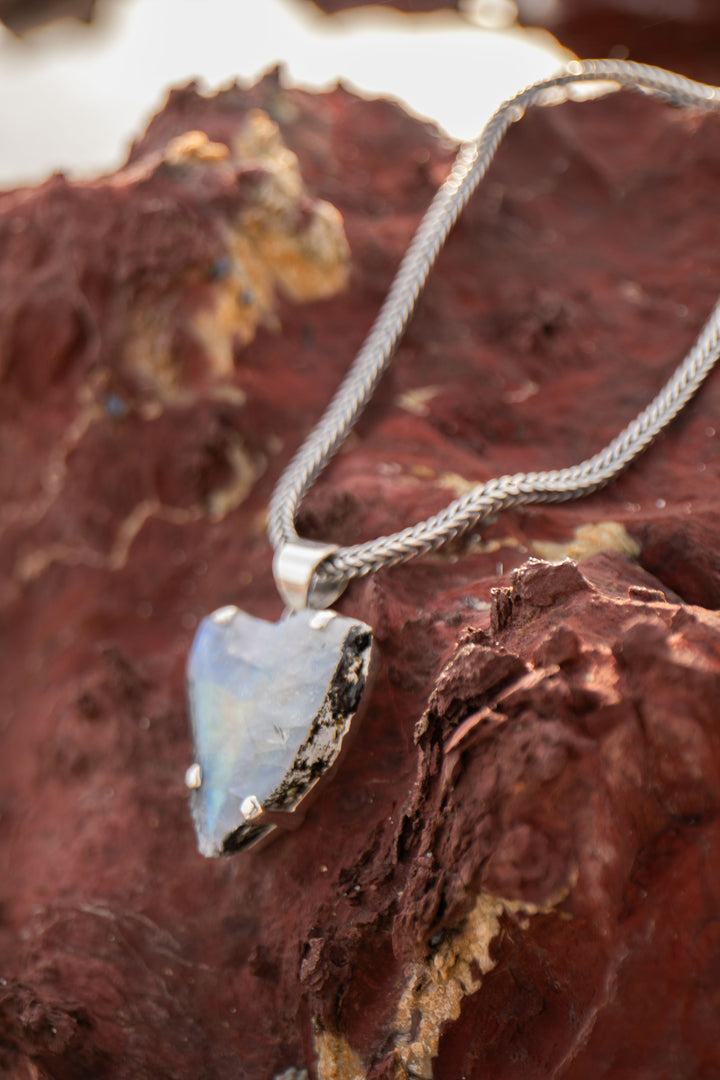 Raw Rainbow Moonstone Pendant in Sterling Silver Claw Setting