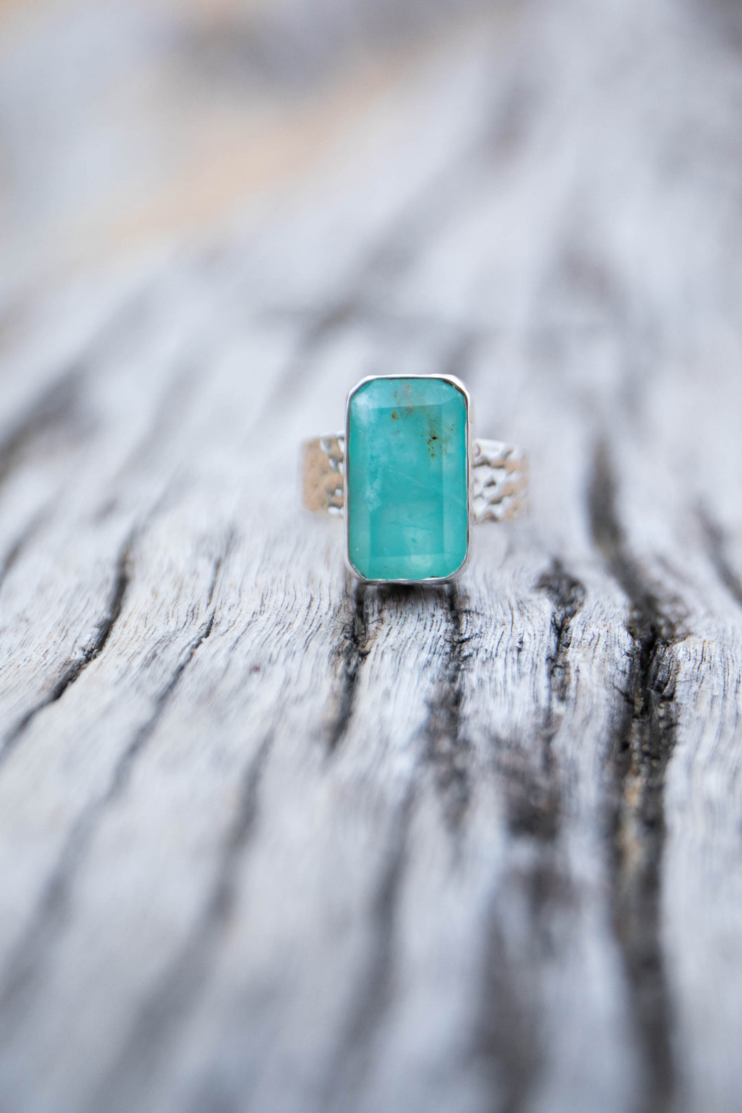 Blue Peruvian Opal Ring in Beaten Sterling Silver with Adjustable Band