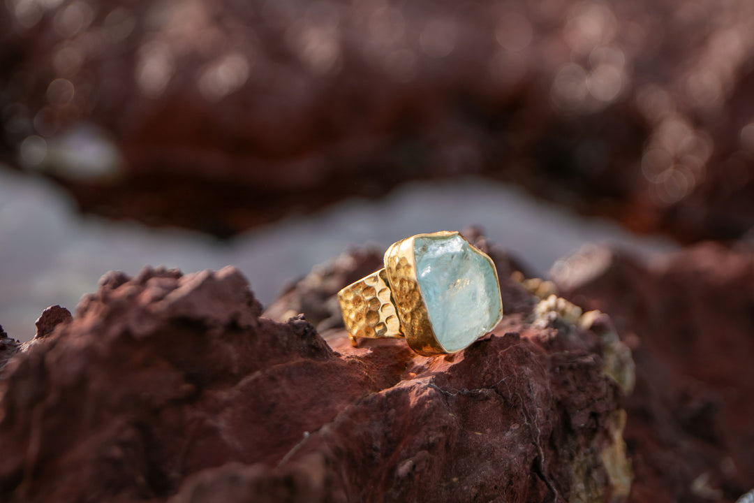 Raw Aquamarine Ring in Beaten 14k Gold Plated Sterling Silver with Adjustable Band