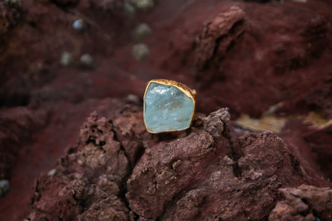 Raw Aquamarine Ring in Beaten 14k Gold Plated Sterling Silver with Adjustable Band