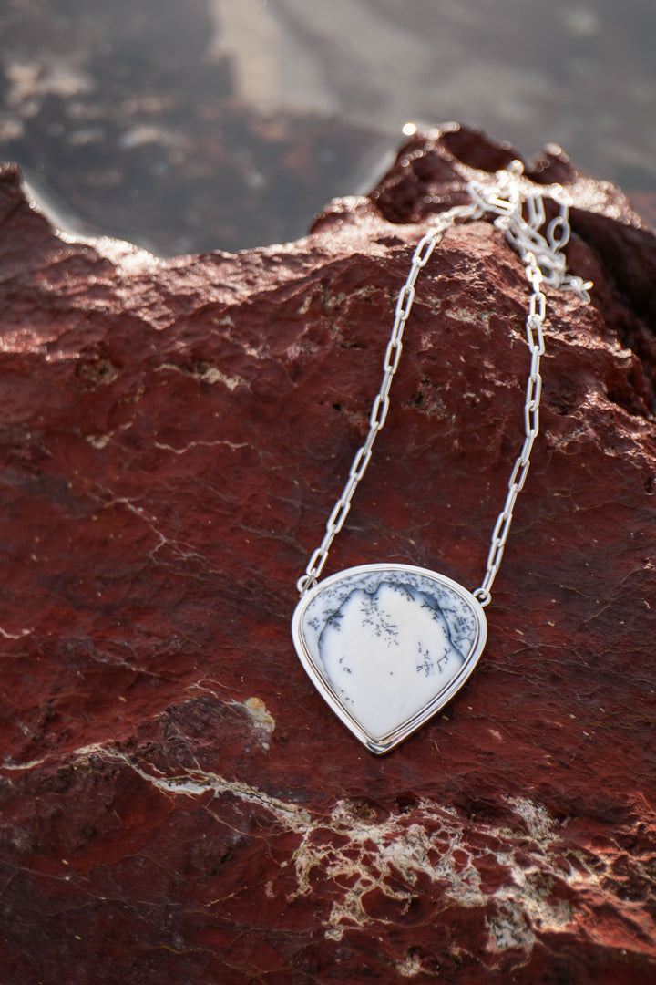 Statement Dendritic Agate Pendant set on Sterling Silver Paperclip Chain