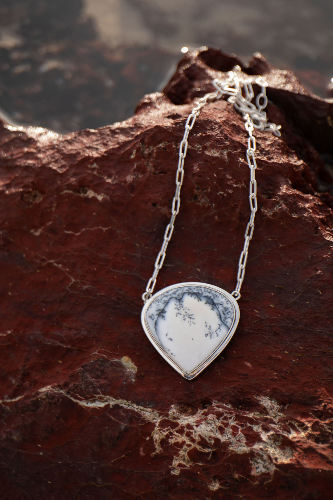 Statement Dendritic Agate Pendant set on Sterling Silver Paperclip Chain