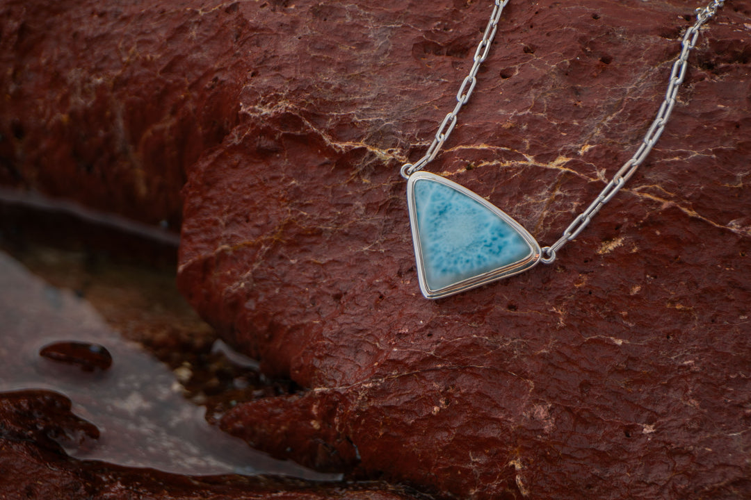 Larimar Pendant in Unique Bezel Setting on Sterling Silver Paperclip Chain