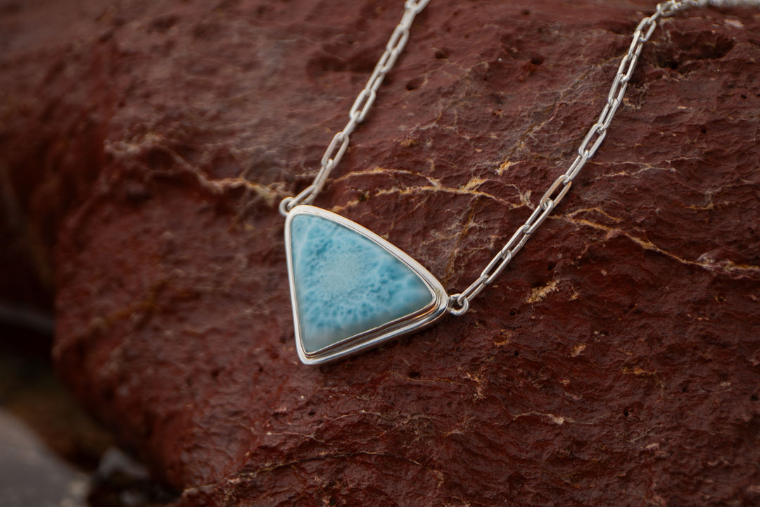 Larimar Pendant in Unique Bezel Setting on Sterling Silver Paperclip Chain