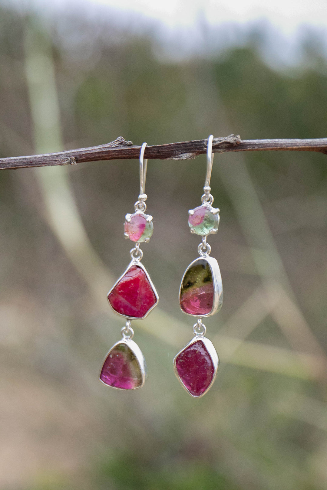 Watermelon Tourmaline and Raw Ruby Earrings in Sterling Silver