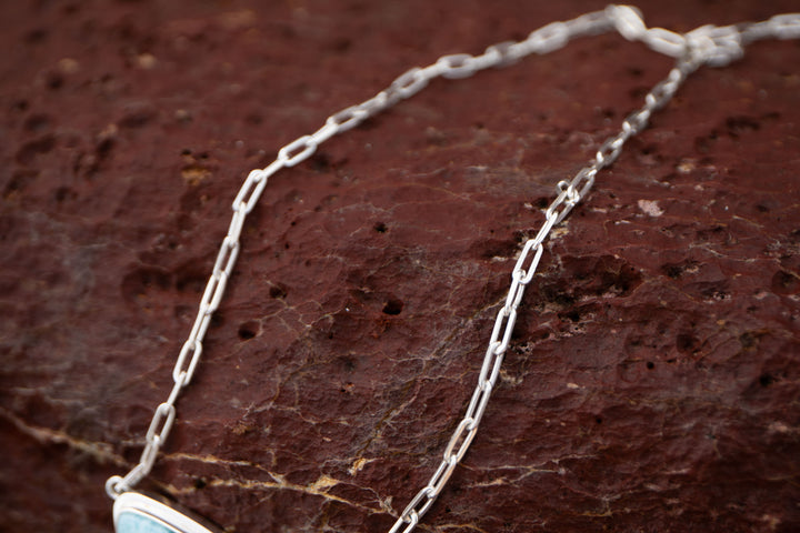 Larimar Pendant in Unique Bezel Setting on Sterling Silver Paperclip Chain