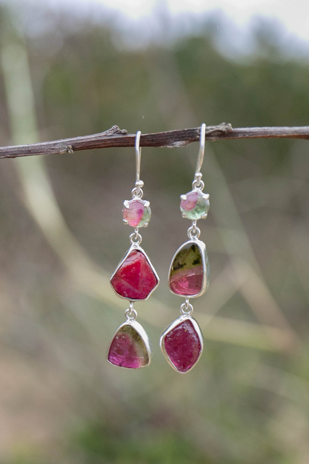 Watermelon Tourmaline and Raw Ruby Earrings in Sterling Silver