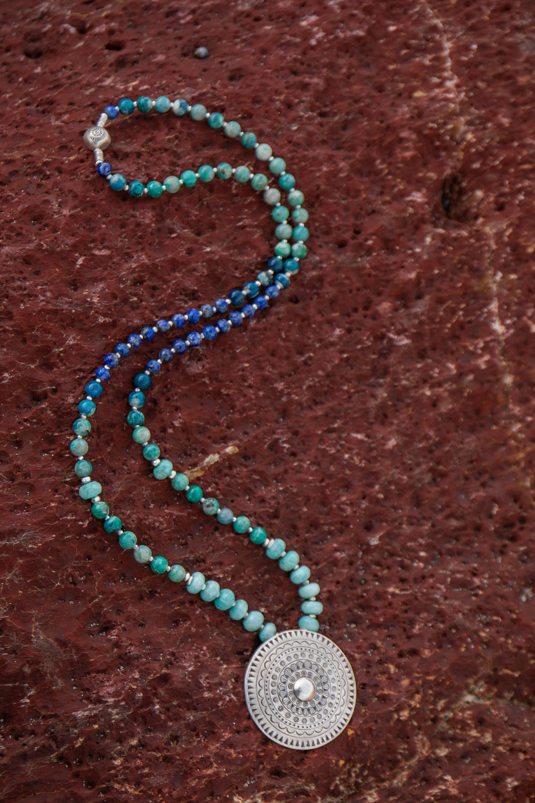 Statement Beaded Chrysocolla, Amazonite and Lapis Lazuli Mala Necklace with Thai Hill Tribe Silver Shield Pendant