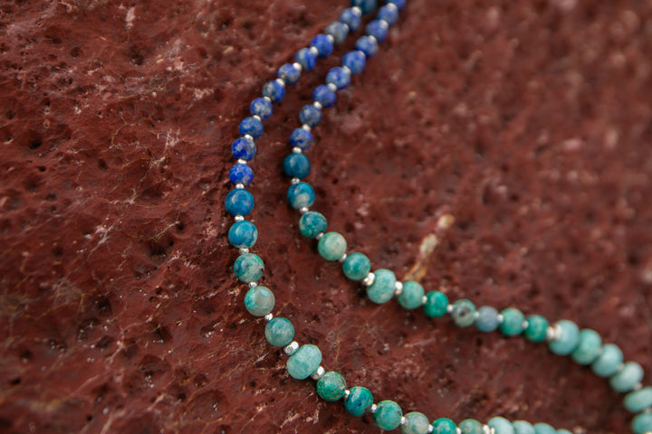 Statement Beaded Chrysocolla, Amazonite and Lapis Lazuli Mala Necklace with Thai Hill Tribe Silver Shield Pendant