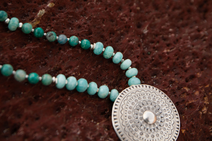 Statement Beaded Chrysocolla, Amazonite and Lapis Lazuli Mala Necklace with Thai Hill Tribe Silver Shield Pendant