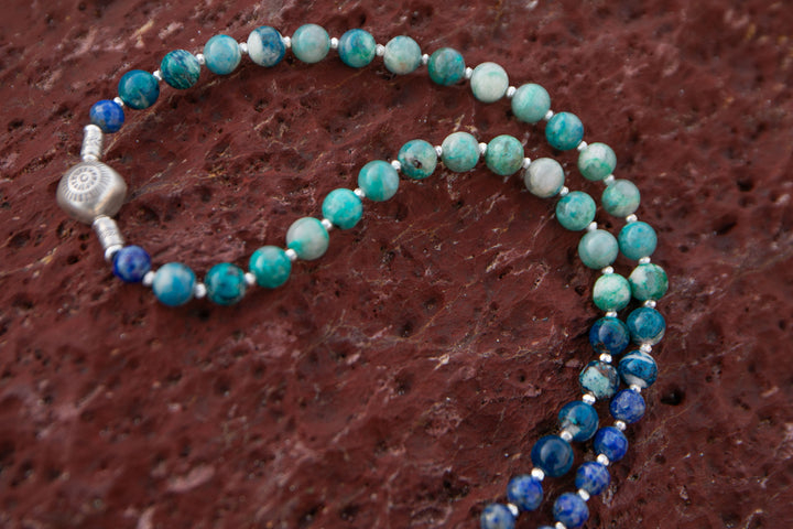 Statement Beaded Chrysocolla, Amazonite and Lapis Lazuli Mala Necklace with Thai Hill Tribe Silver Shield Pendant