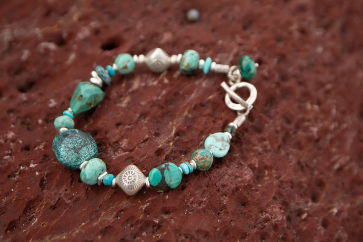 Chunky Natural Turquoise Bracelet with Thai Hill Tribe Silver Beads