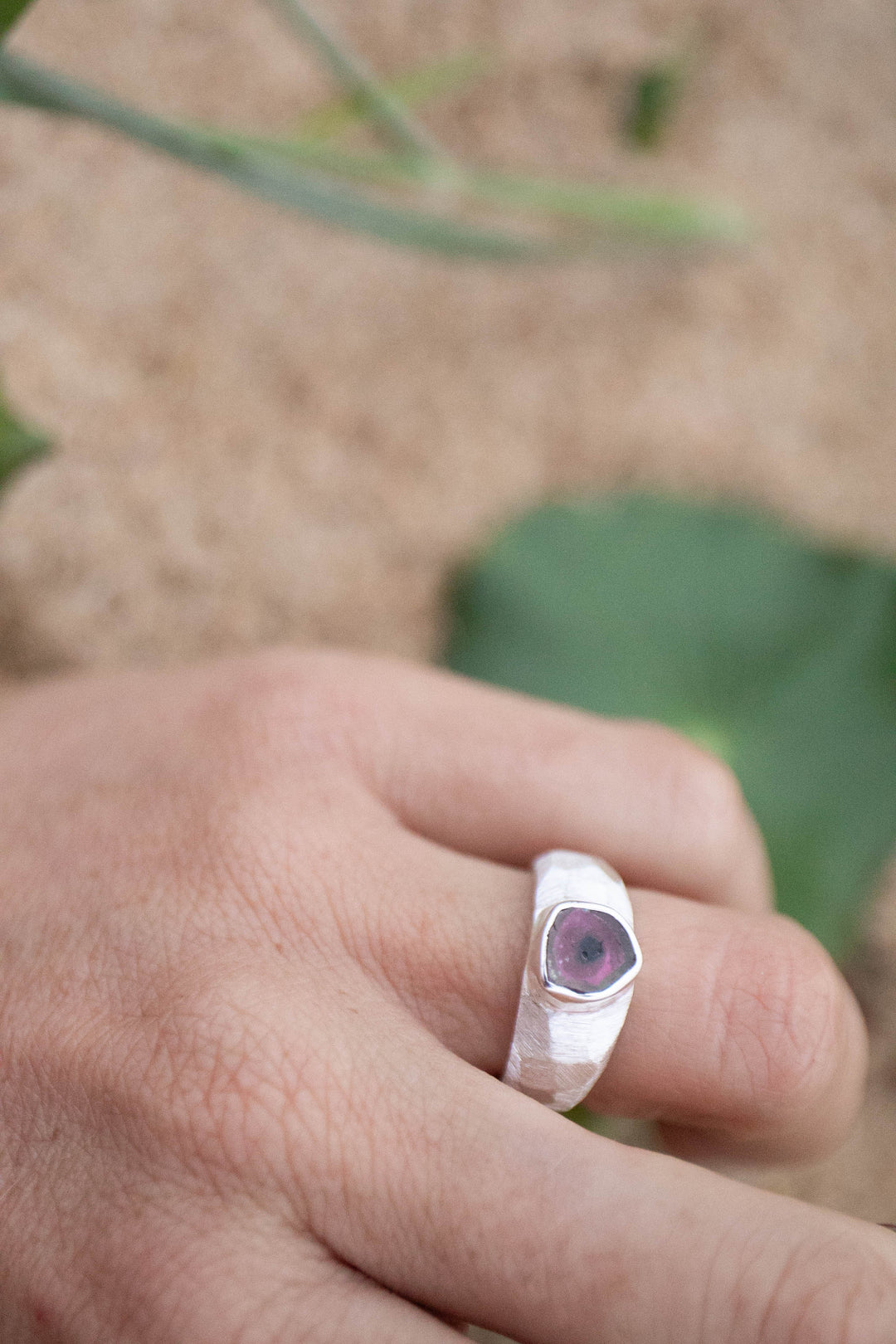 Watermelon Tourmaline Signet Ring in Brushed Sterling Silver - Size 6.5 US