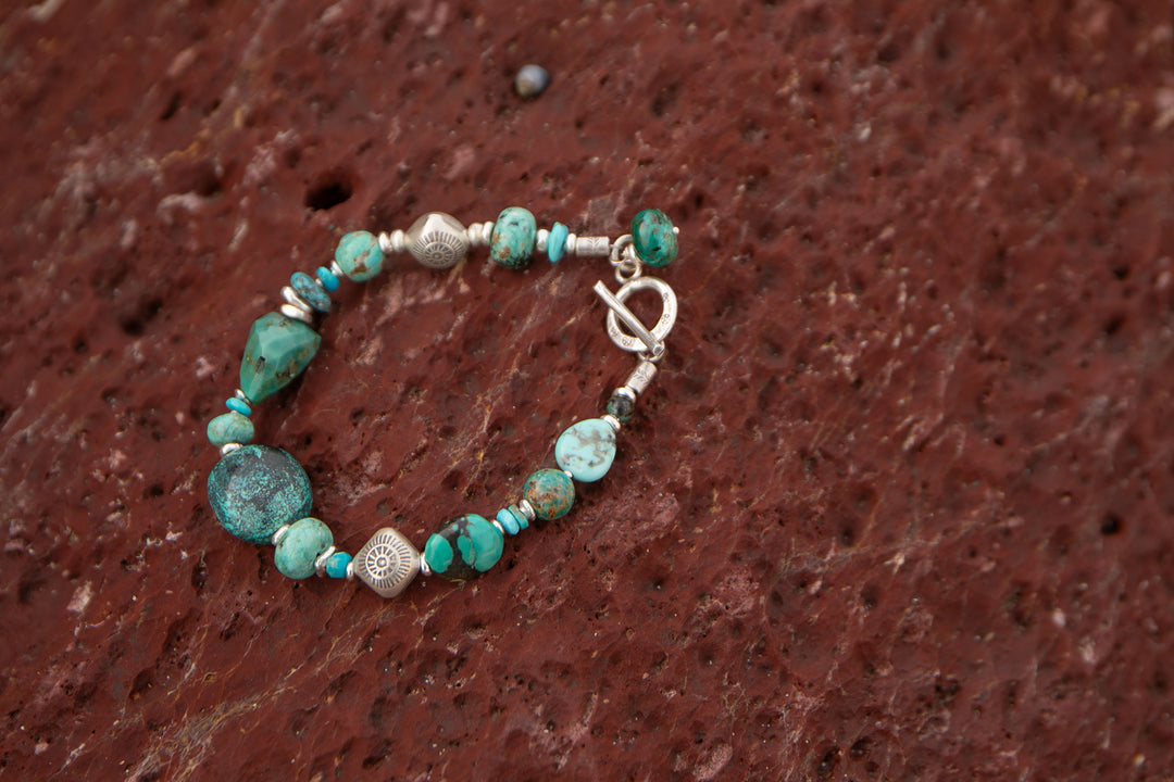 Chunky Natural Turquoise Bracelet with Thai Hill Tribe Silver Beads