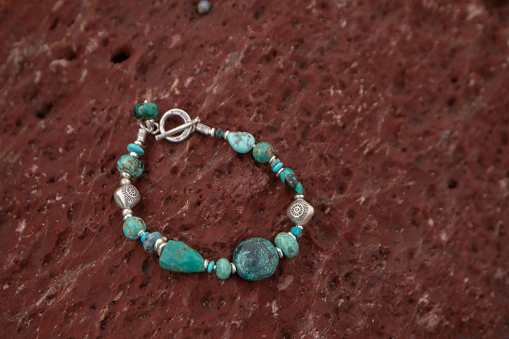 Chunky Natural Turquoise Bracelet with Thai Hill Tribe Silver Beads