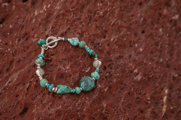 Chunky Natural Turquoise Bracelet with Thai Hill Tribe Silver Beads