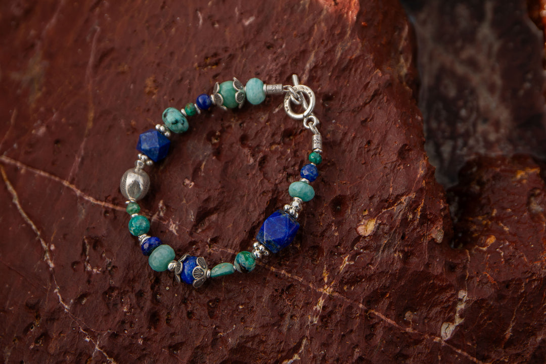 Chrysocolla, Amazonite, Turquoise and Lapis Bracelet with Thai Hill Tribe Silver