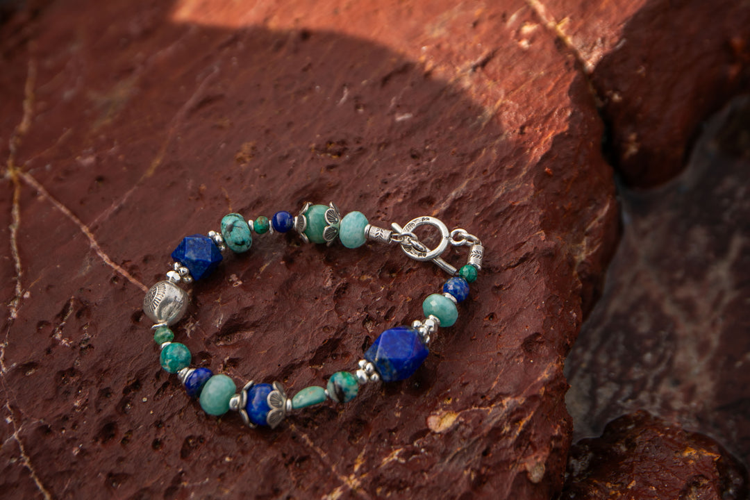 Chrysocolla, Amazonite, Turquoise and Lapis Bracelet with Thai Hill Tribe Silver