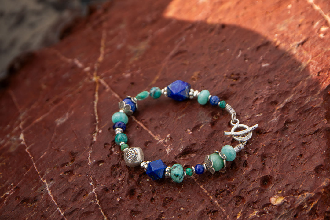 Chrysocolla, Amazonite, Turquoise and Lapis Bracelet with Thai Hill Tribe Silver