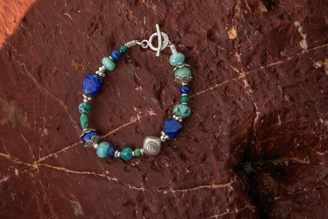 Chrysocolla, Amazonite, Turquoise and Lapis Bracelet with Thai Hill Tribe Silver