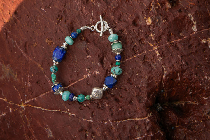 Chrysocolla, Amazonite, Turquoise and Lapis Bracelet with Thai Hill Tribe Silver