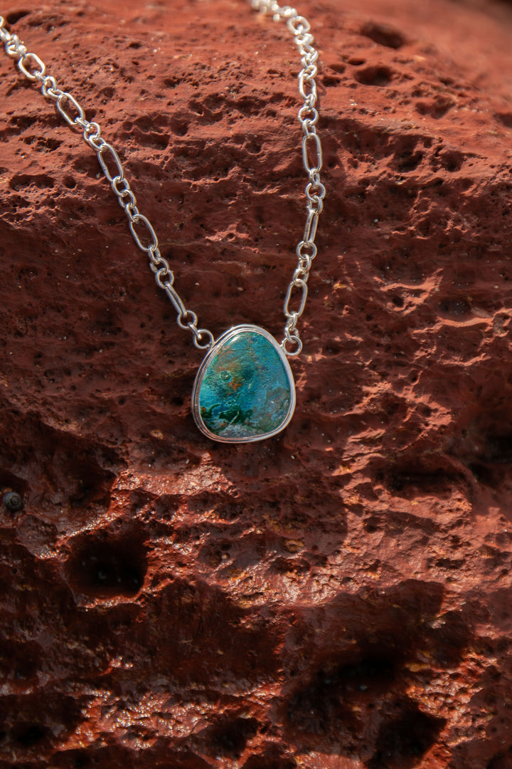 Chrysocolla Pendant in Bezel Sterling Silver on Link Chain