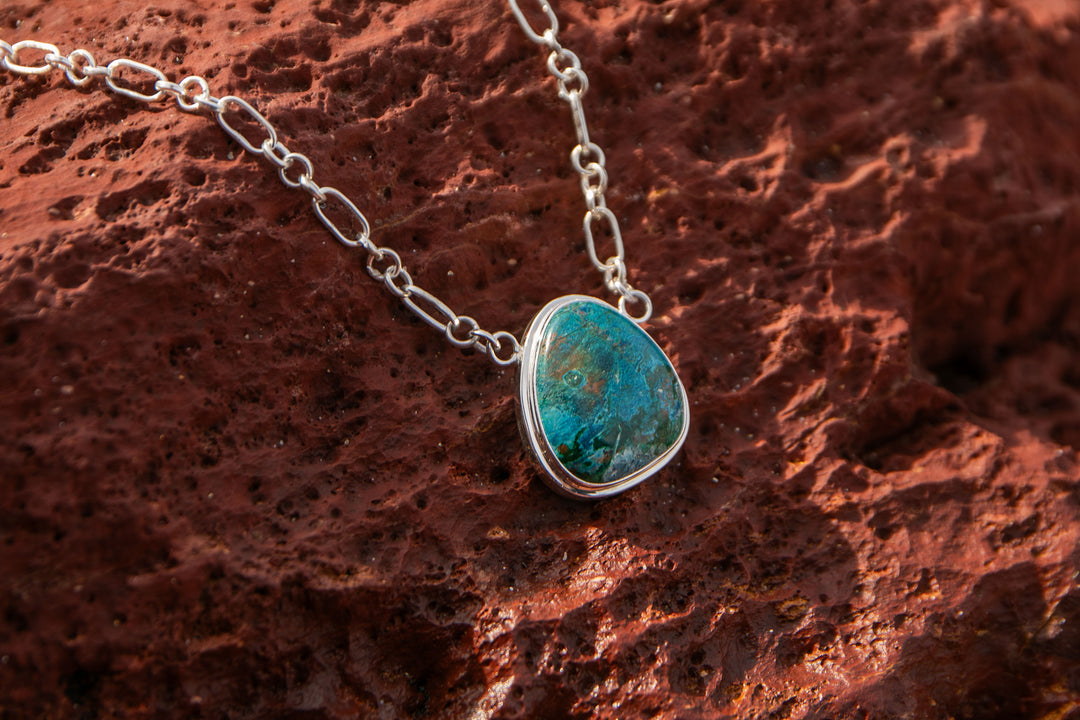 Chrysocolla Pendant in Bezel Sterling Silver on Link Chain