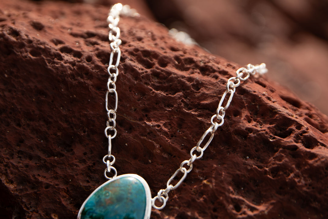 Chrysocolla Pendant in Bezel Sterling Silver on Link Chain