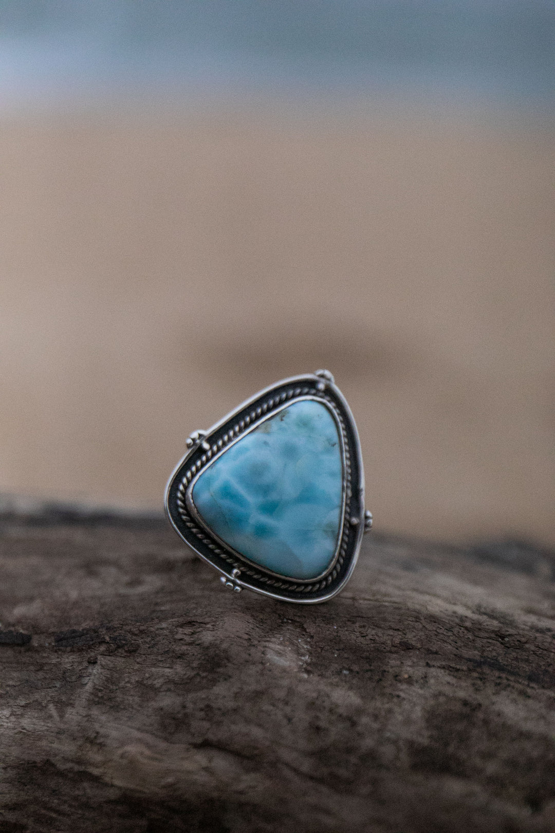 Larimar Ring in Tribal Sterling Silver Setting - Size 7.5 US