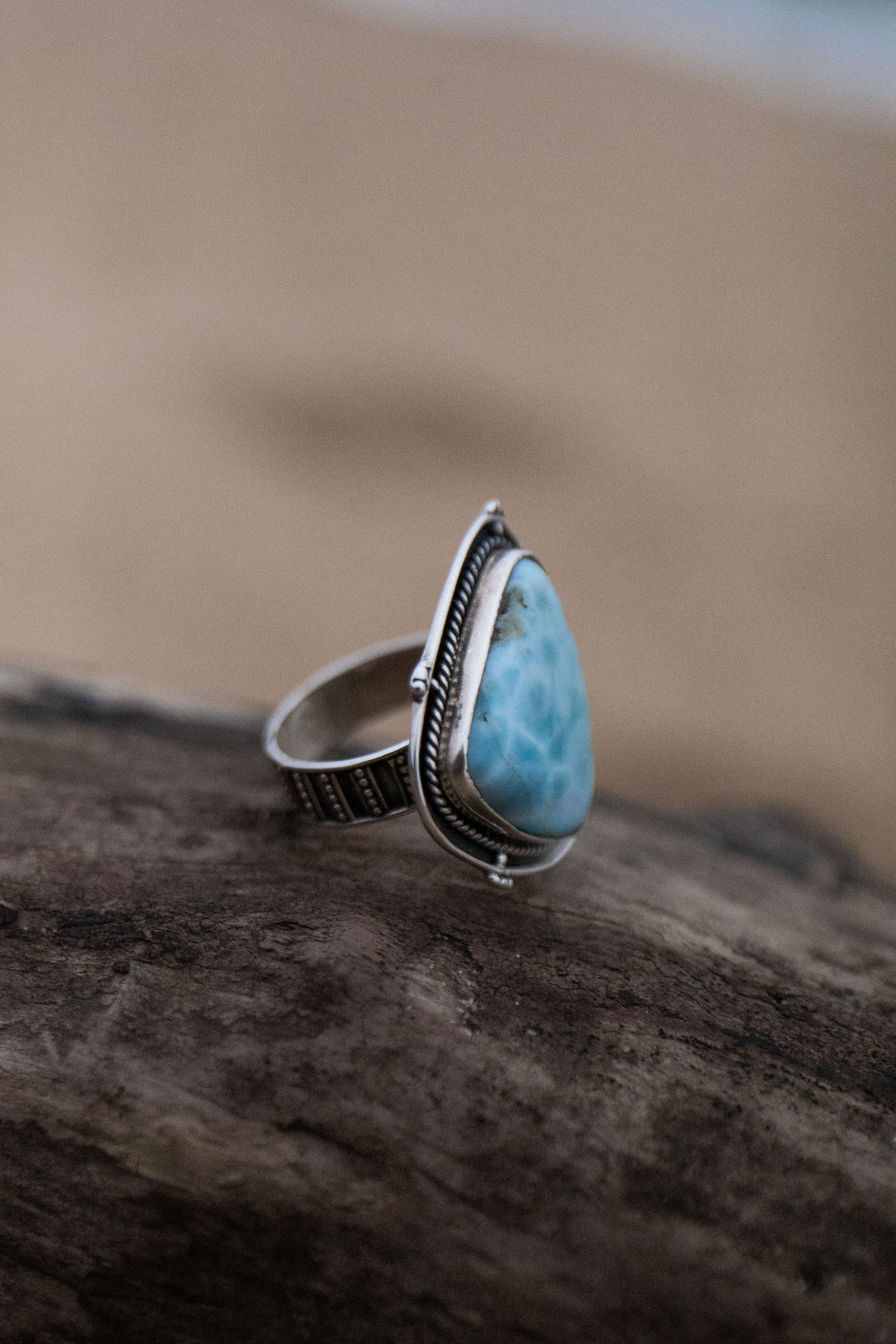 Larimar Ring in Tribal Sterling Silver Setting - Size 7.5 US